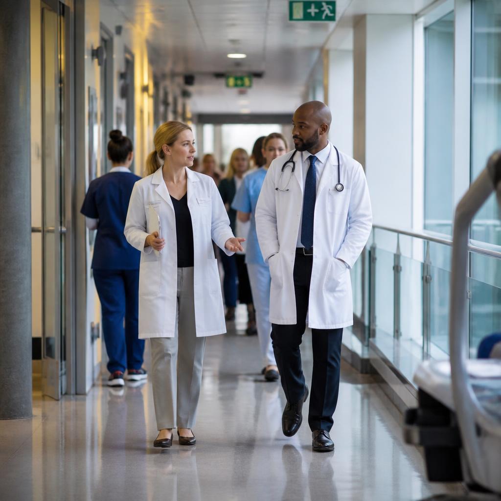 Physician reviewing revenue performance on a tablet inside a modern hospital